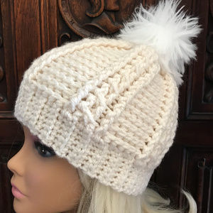 Cream Cable Stitch Crochet Hat w/ Faux Fur Pompom